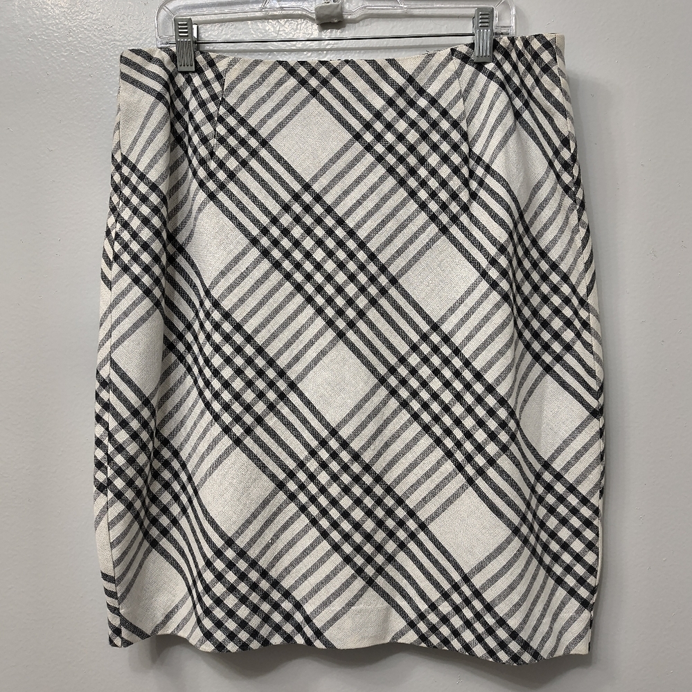 Saks Fifth Avenue Linen Cotton Blend Plaid Black White Women's Skirt Sz14 Career